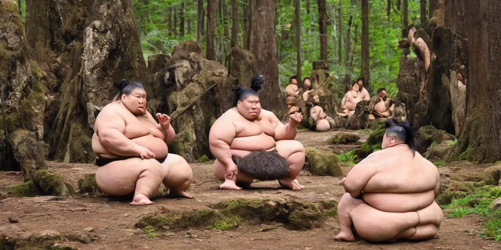 Prompt: photo, neanderthal people, sumo! japanese!, eating inside mcdonalds, gigantic forest trees, sitting on rocks, bright moon