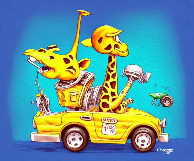 Image similar to cute and funny, giraffe wearing a helmet riding in a tiny hot rod with oversized engine, ratfink style by ed roth, centered award winning watercolor pen illustration, isometric illustration by chihiro iwasaki, edited by range murata, tiny details by artgerm and watercolor girl, symmetrically isometrically centered