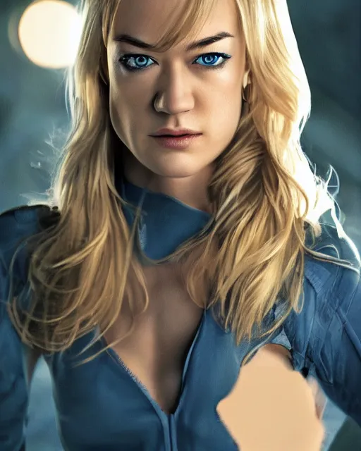 Image similar to yvonne strahovski, full shot, very anime, ambient lighting, perfect composition, dynamic lighting, detailed face, very extremely detailed blue eyes, smooth shading, digital art