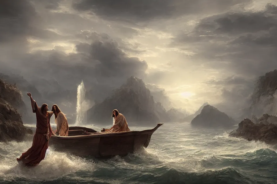 Prompt: An epic matte painting of Jesus saving me in the Water, beautiful, stunning, gorgeous, 4k resolution, professional digital art, by wlop and George Rutkowski, f16, intricate