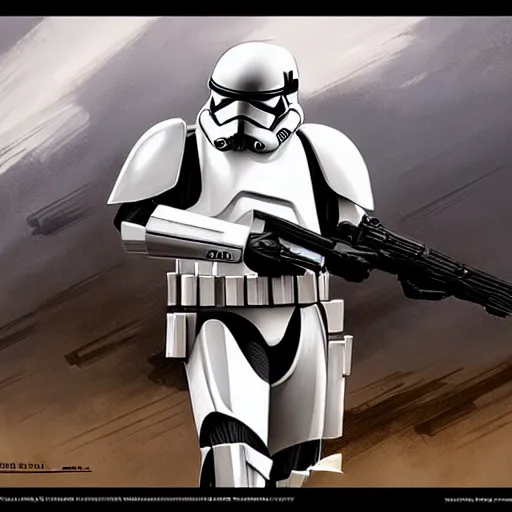 Image similar to an extremely long shot of an imperial stormtrooper in battle position ready to shoot his blaster concept art by Doug Chiang cinematic, realistic painting, high definition, very detailed, extremely high detail, photo realistic, concept art, the Mandalorian concept art style