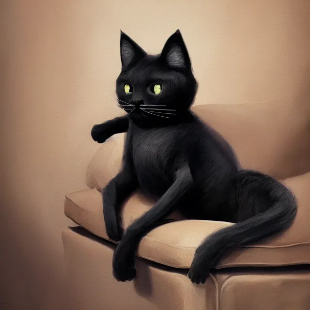 Prompt: a painting of a cute black cat on a couch. character design by cory loftis, fenghua zhong, ryohei hase, ismail inceoglu and ruan jia. volumetric light, detailed, rendered in octane