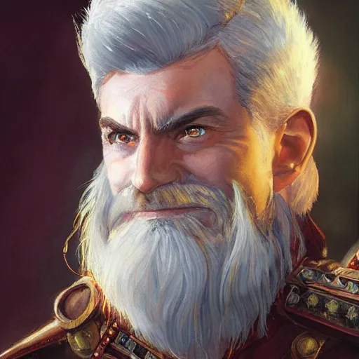 Image similar to beautiful portrait painting of a very short and small male halfing bard with white hair, full beard, from pathfinder, evil smirk, narcissist, self centered, casting fireball, painted by larry elmore, wayne reynolds, greg rutkowski, magic the gathering, dungeons and dragons, dishonored 2