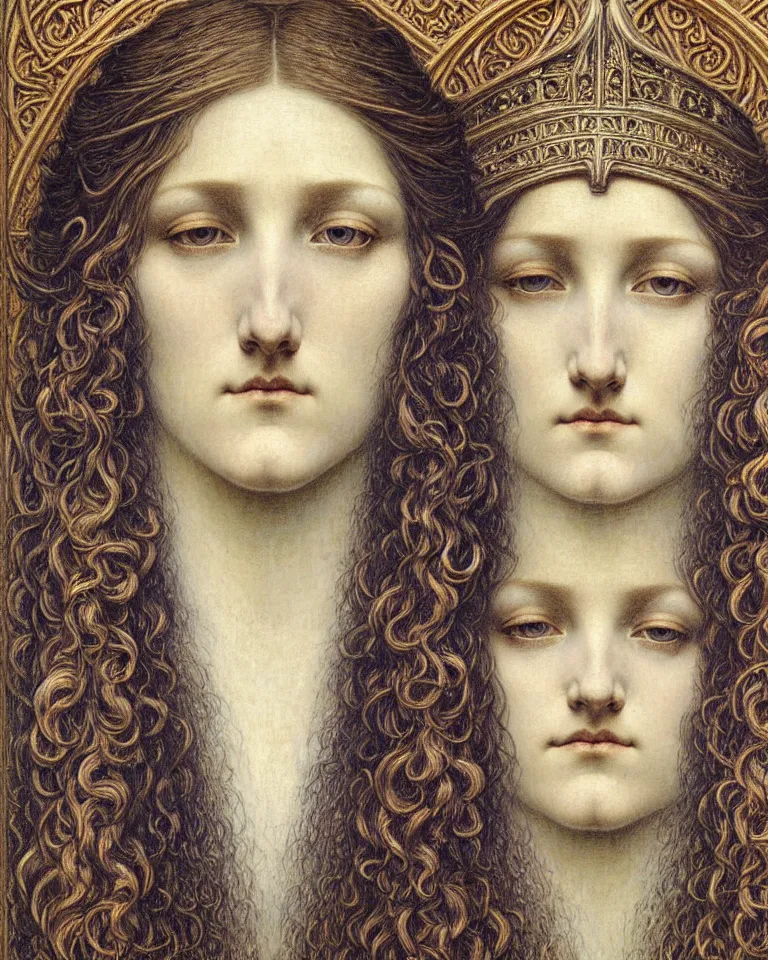 Image similar to detailed realistic beautiful young medieval queen face portrait by jean delville, gustave dore and marco mazzoni, art nouveau, symbolist, visionary, gothic, pre - raphaelite. horizontal symmetry