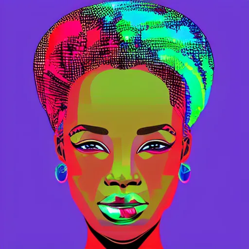 Prompt: a portrait of a beautiful african woman, in retro colors, synthwave style, 2 d digital vector art