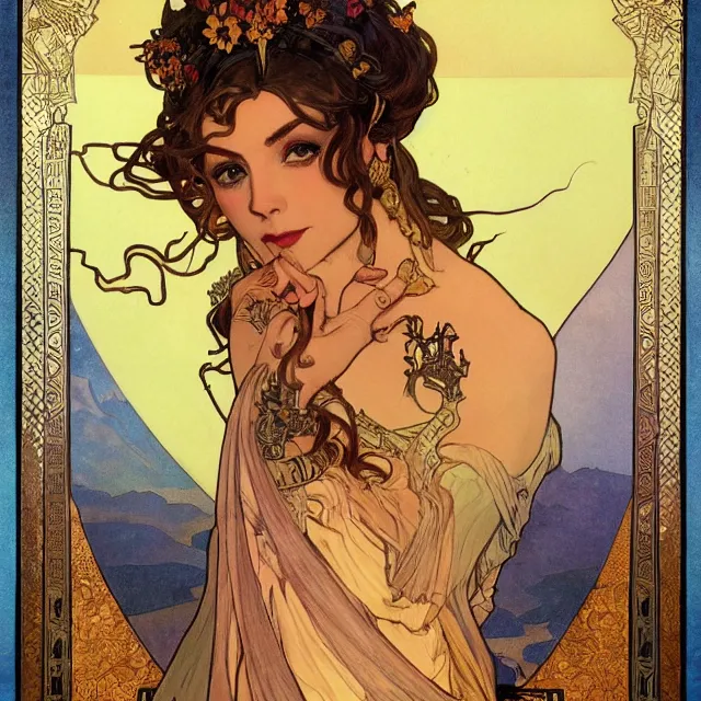 Prompt: an aesthetic! a detailed portrait of a vailed woman, with a crown, holding a lantern with mountains of gold in the background, by frank frazetta and alphonse mucha, oil on canvas, art nouveau dungeons and dragons fantasy art, hd, god rays, ray tracing, crisp contour lines, huhd