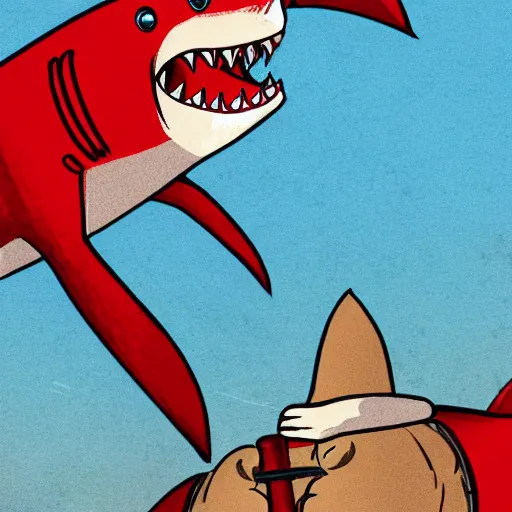 Prompt: red cartoon shark wielding a red samurai sword