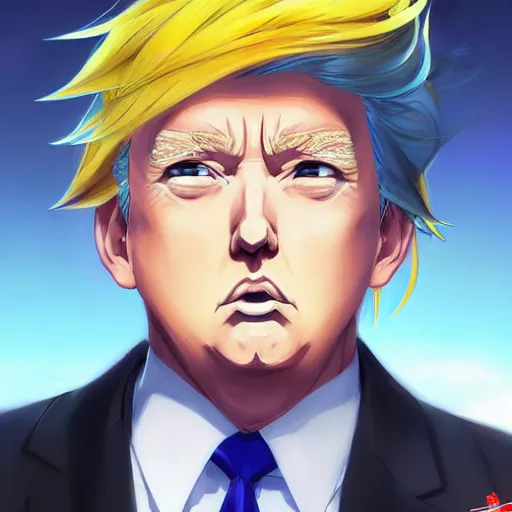 Prompt: anime portrait of Donald Trump with Blue Hair as an anime boy by Stanley Artgerm Lau, WLOP, Rossdraws, James Jean, Andrei Riabovitchev, Marc Simonetti, and Sakimichan, trending on artstation