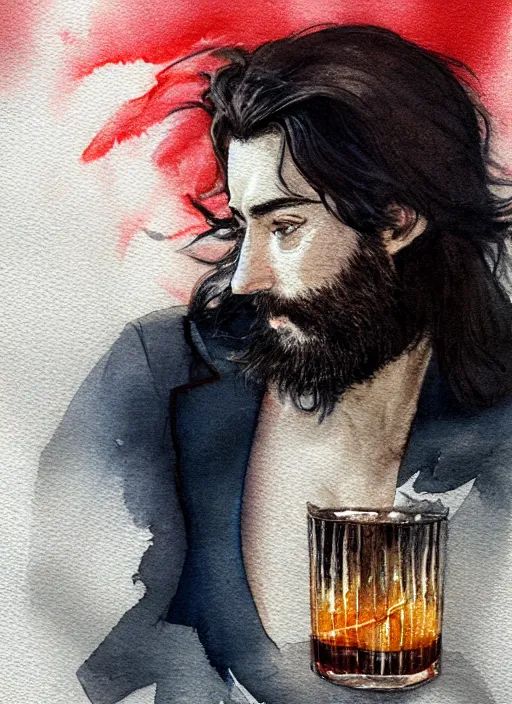 Prompt: portrait, a handsome small Frenchman with beard and long black hair toasting with whiskey, French flag in the background, watercolor, dramatic lighting, cinematic, establishing shot, extremely high detail, foto realistic, cinematic lighting, digital art, by Yoshitaka Amano, Ruan Jia, Kentaro Miura, Artgerm, post processed, concept art, artstation, matte painting, style by eddie mendoza, raphael lacoste, alex ross