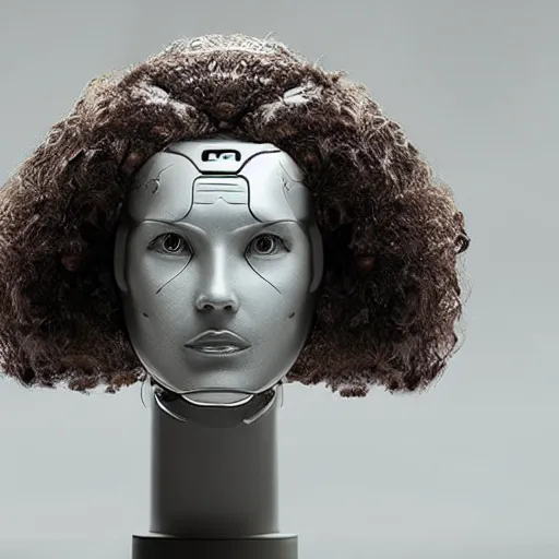 Image similar to A female cyborg head facing towards the right with flowing hair that looks like a bonsai tree