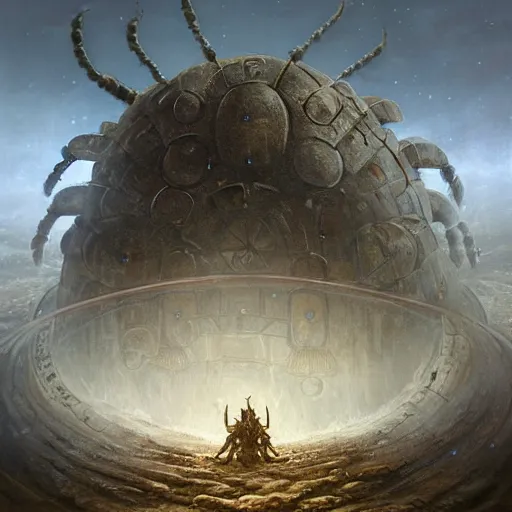 Image similar to giant armored ashigaru beetle war construct golem glowing gnostic brian froud markings magic and steam - punk inspired in an ancient stone circle on a plateau in a blizzard concept painting by jessica rossier, hr giger, john berkey