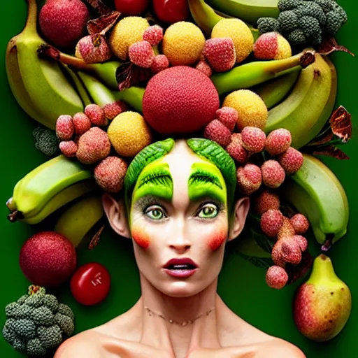 Image similar to fruit dryad megan fox editorial by malczewski and arcimboldo, vegetables dryad sculpture by arcimboldo, stil frame from'cloudy with a chance of meatballs 2'( 2 0 1 3 ) of banana dryad, fruit hybrid megan fox editorial by alexander mcqueen and arcimboldo