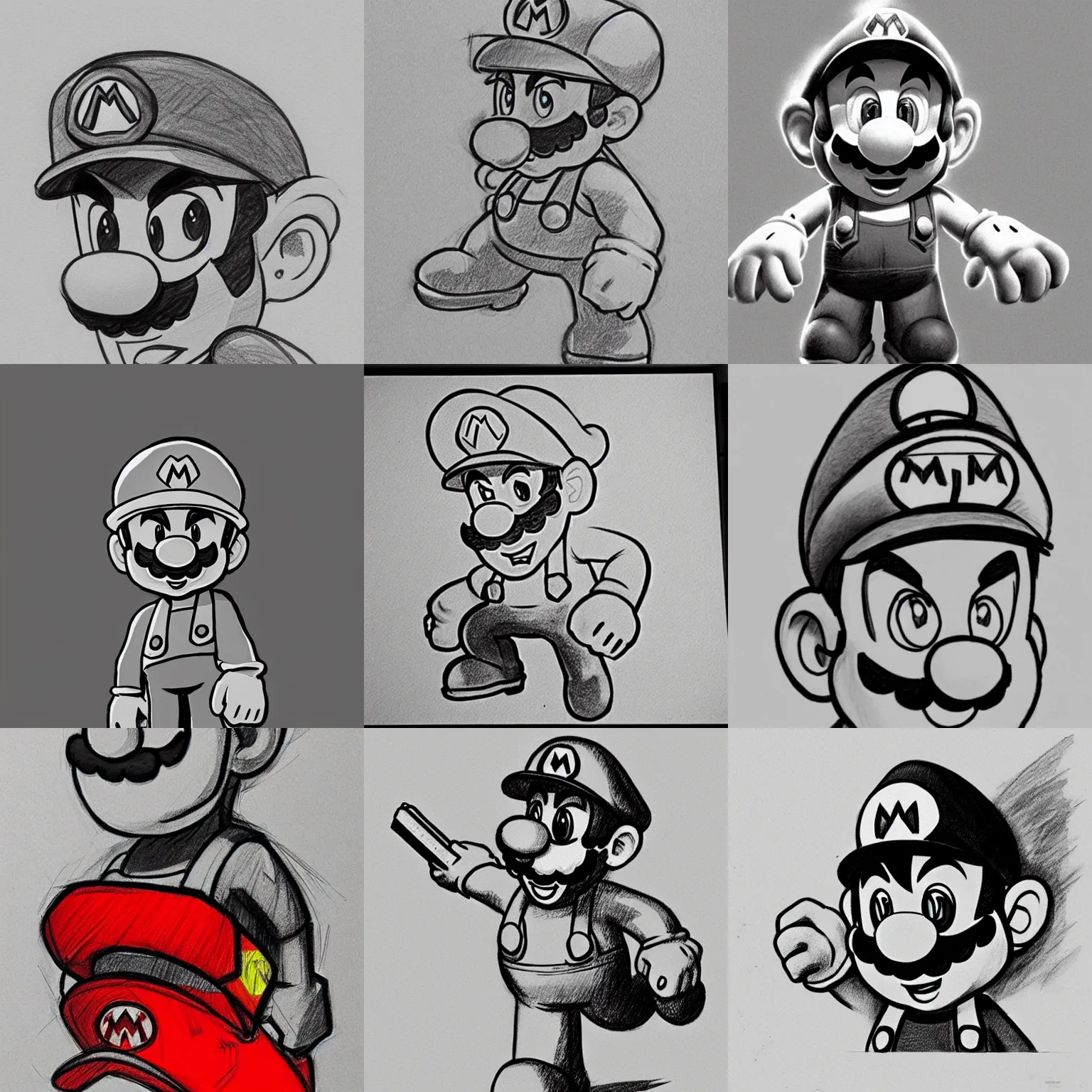 Prompt: epic pencil sketch of super mario, neutral focused gaze, striking anime artstyle with sharp shadows, concept art, trending