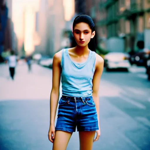 Prompt: gracefully enchanting portraiture of finely fashionable, elegantly dressed, beautifulianticist reserved young uzbek model who is slender, tank top, denim shorts. nikon fm 2 film still taken on a street in manhattan.