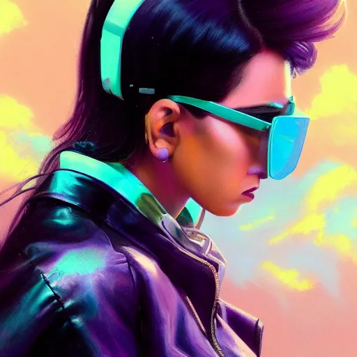 Image similar to very detailed masterpiece closeup painting of a very beautiful young mexican cyberpunk woman with light blue shutter shades, one side haircut, dark purple hair, purple leather jacket, portrait, synthwave background, artstation, concept art by greg rutkowski