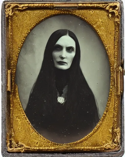Prompt: daguerreotype ambrotype of the old witch with terror aspect, memento mori, very detailed morticia,