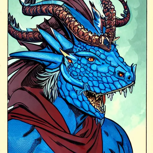 Prompt: head and shoulders portrait of a medieval fantasy anthropomorphic blue dragon - headed - human hybrid with electrcity magic, fantasy, d & d, high details, comic book cover art photo by phil noto and frank miller