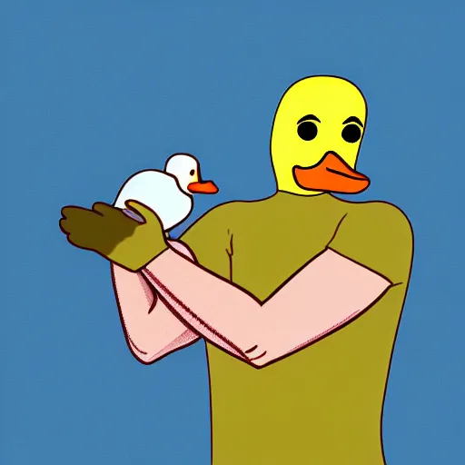 Prompt: a man holding a duck under his armpit, digital art