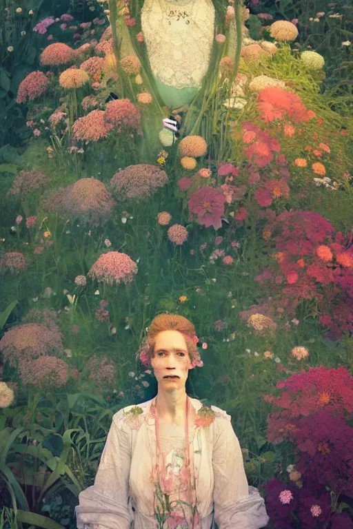 Image similar to beautiful woman in garden, imperil, beauty portrait by greg rutkowski, hilma af klint, moebius, victo ngai, sharp focus, global illumination, highly detailed, masterpiece, award winning, post processing