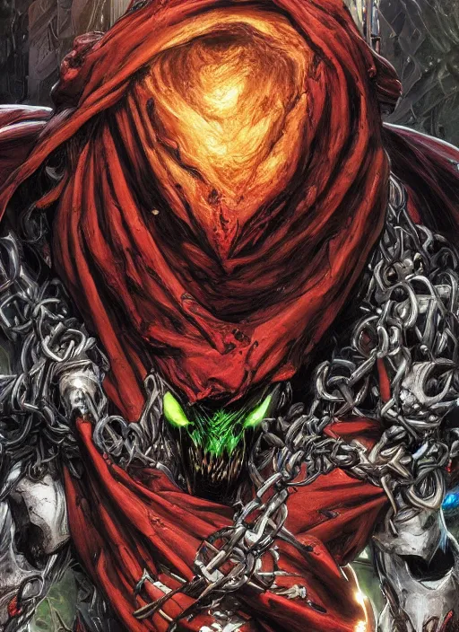 Image similar to first issue of spawn comic book cover art, au naturel, hyper detailed, digital art, trending in artstation, cinematic lighting, studio quality, smooth render, unreal engine 5 rendered, octane rendered, art style by klimt and nixeu and ian sprigger and wlop and krenz cushart