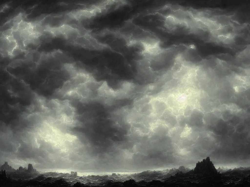 Image similar to very detailed, dark super storm, hyper realistic clouds, impressive, magical, very atmospheric, fog, cinematic, deep, very high complexity, stunning, dramatic masterpiece, iridescent, chiaroscuro, by gustave dore, caspar david friedrich, ian miller, very detailed. 4 k