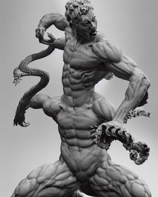 Image similar to an old marble statue of a hydra from herculean myths, hyper realistic, 4 k, grainy marble, hyper detailed