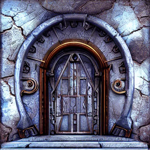 Image similar to iron arc gate door texture, fantasy art style, matte painting, 2 d texture