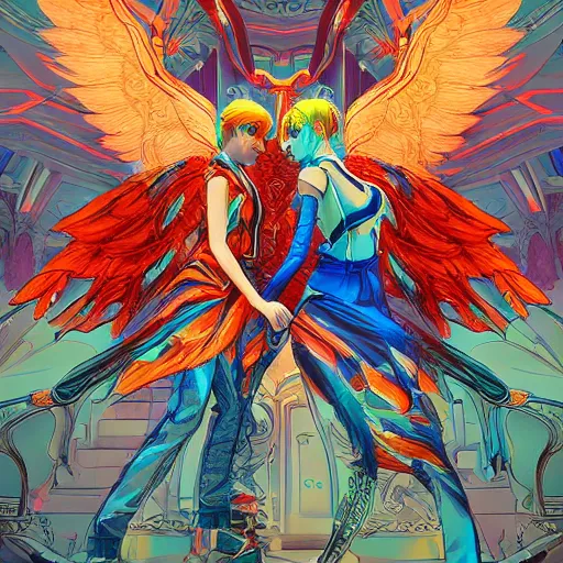 Image similar to angel versus devil, an ultrafine detailed illustration by james jean, gta 5 final fantasy, bright colors, behance contest winner, vanitas, angular, altermodern, unreal engine 5 highly rendered, global illumination, radiant light, detailed and intricate environment