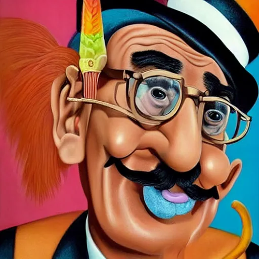 Prompt: beautiful lifelike painting of grace jones disguised as groucho marx, hyperreal detailed facial features and uv lighting, art by ed roth and basil wolverton