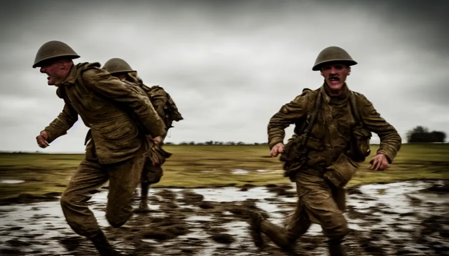 Image similar to screaming World War 1 soldier running away, wartorn landscape, lots of mud puddles and craters, bullets whizzing past camera, atmospheric, dirty lens, cinematic lighting, IMAX close-up of face, cinematography, 35mm