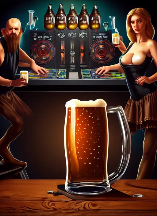 Image similar to image of large pint of beer and large technics dj table front of picture, in the backround man and a woman from octoberfest, dark backround, highly detailed, digital illustration, trending in artstation, modern painting, smooth, sharp focus, intricate, einar jonsson and bouguereau