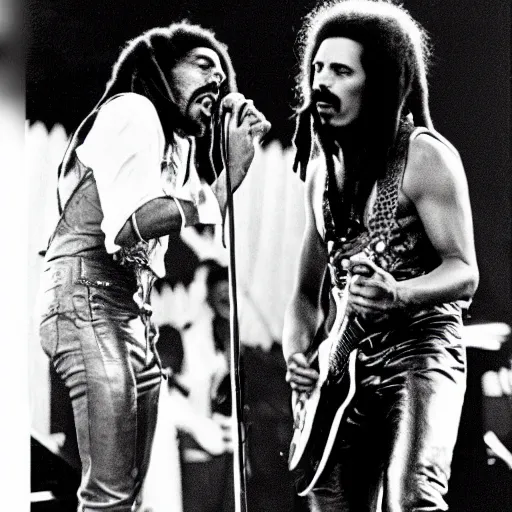 Image similar to bob marley and freddie mercury from queen performing at coachella, color photos, live concert