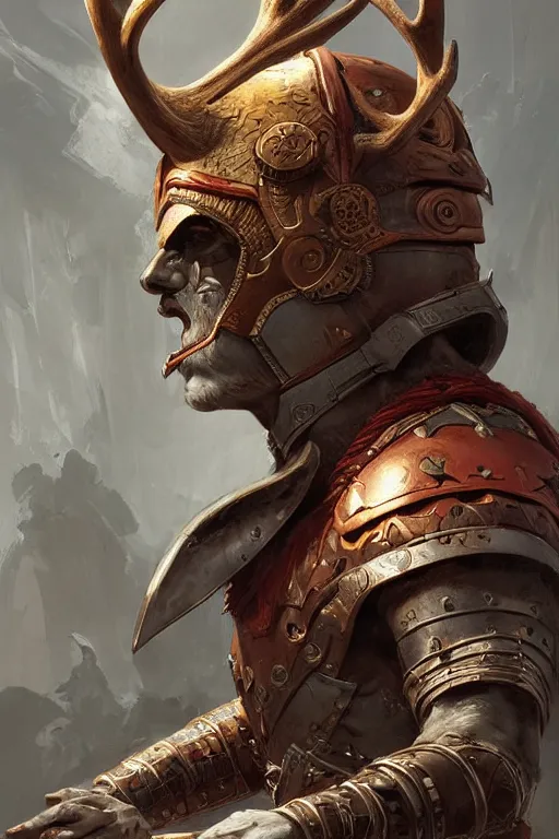 Prompt: portrait of the warrior wearing the epic artifact headgear deer god\'s helmet by artgerm and Craig Mullins, James Jean, Andrey Ryabovichev, Mark Simonetti and Peter Morbacher 16k