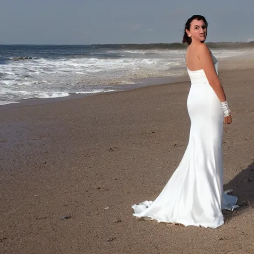 Prompt: White wedding dress on the beach photo