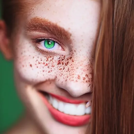 Prompt: a beautiful trending photo of over a ten million views from a beautiful freckled female fashion model's instagram account with her smiling and flashing her bright green eyes, she's is natural, easygoing and healthy, shot with nikon, leica, zeiss, 5 0 mm lens, flash fill, f 1. 8 depth of field, 8 k, professional!!!