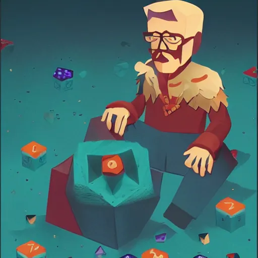 Prompt: Gary Gygax sitting on a mound of dice that glitter like gems, a battle axe slung over one shoulder, ambient lighting, 4k, saul bass, john alvin, bill gold, richard amsel, ralph mcquarrie, lois van baarle, ilya kuvshinov, rossdraws, artstation