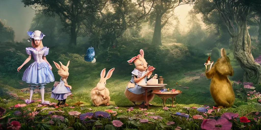 Prompt: an insanely intricate detailed beautifull 3 d render of alice in wonderland meeting with rabbit, unreal engine, octane render, redshift, 8 k resolution, cell shaded rendering, soft dramatic lighting, cinematic, subsurface scattering, anti aliashing, by disney