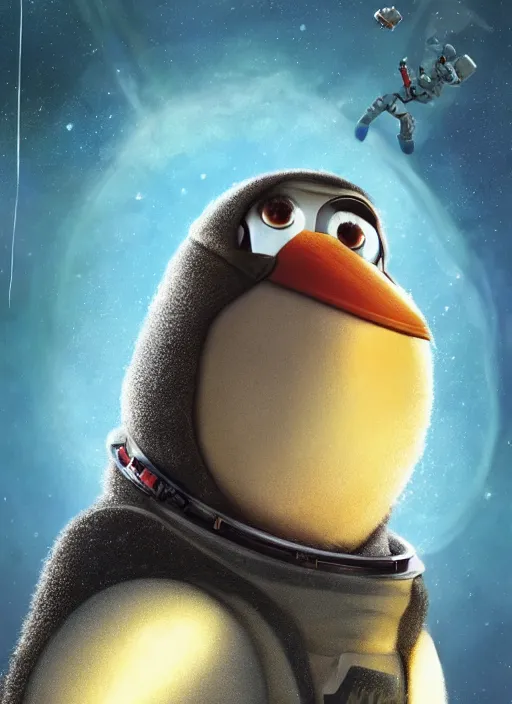 Image similar to astronaut penguin in space adventure movie by nuri iyem, james gurney, james jean, greg rutkowski, anato finnstark. pixar. hyper detailed, 5 0 mm, award winning photography, perfect faces