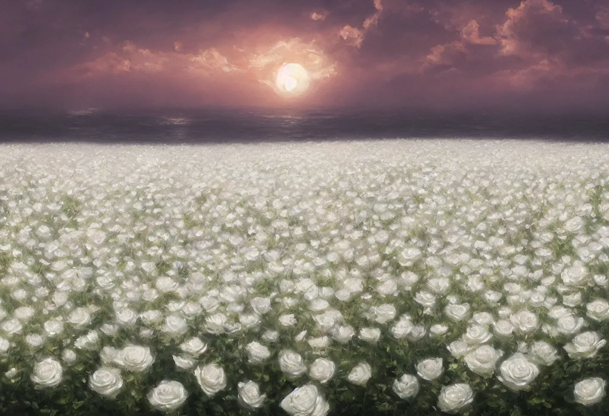 Image similar to a painting of a sea of white rose flowers, romantic, sunset, 4 k, trending on artstation in the style of greg rutkowski