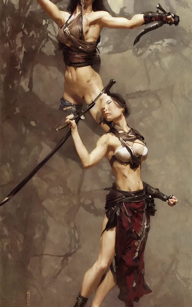 Image similar to modern elegant female ninja, with large sword, feminine, powerful, beautiful, upper body, muscular arms and abdominals, wide leg hakama trousers, highly detailed, by gaston bussiere, mucha, gerome, craig mullins, greg rutkowski, john singer sargent