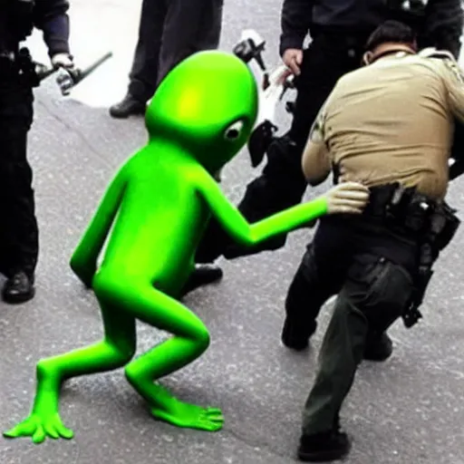 Image similar to fbi arresting a green alien