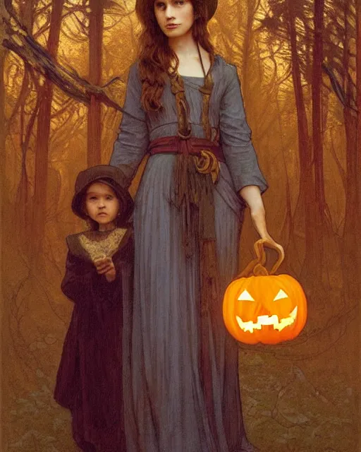 Image similar to an art nouveau candlelit portrait painting of a thoughtful girl resembling a young, shy, redheaded alicia vikander or millie bobby brown wearing peasant dress carrying a jack - o - lantern in a fall forest at night, highly detailed, intricate, concept art, artstation, by donato giancola, alphonse mucha, and william bouguereau