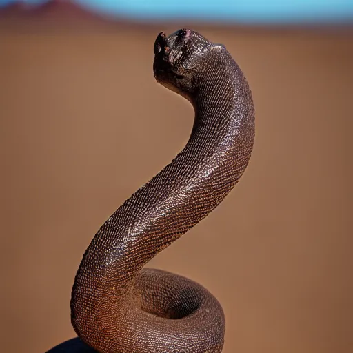 Image similar to Bronze 1500BCE Canaanite serpent sculpture at the top of a tall pole. Desert background. 40mm lens, shallow depth of field, split lighting