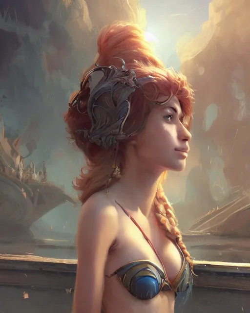Image similar to A beautiful female maid posing on a boat with a magical bikini, beautiful face, fantasy woman, fantasy art, in the style of greg rutkowski, illustration, epic, fantasy, intricate, hyper detailed, artstation, concept art, smooth, sharp focus, ray tracing, profile shot