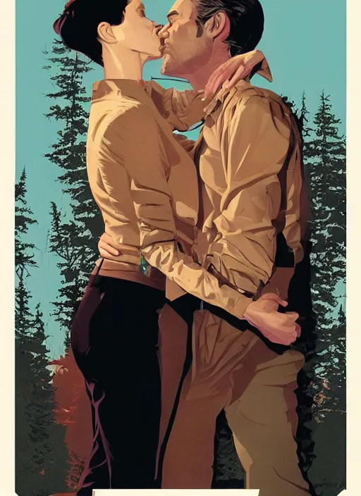 Prompt: poster artwork by Michael Whelan and Tomer Hanuka, Karol Bak of Naomi Watts & Jon Hamm husband & wife portrait, in the pose of Brokeback Mountain poster, from scene from Twin Peaks, clean, simple illustration, nostalgic, domestic, full of details