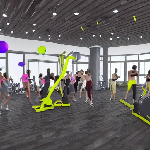 Prompt: unreal engine hyperreallistic render 8k of a large dance party at a gym bright vibrant lights gym equipment weights scattered around the floor