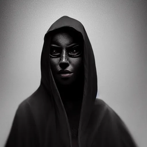 Image similar to a portrait of a young black woman wearing a long dark cloak, hood and shadows covering face, anatomically correct, beautiful perfect face, enigmatic, oil painting, matte painting, black background, Volumetric dynamic lighting, Highly Detailed, Cinematic Lighting, Unreal Engine, 8k, HD, by Beksinski