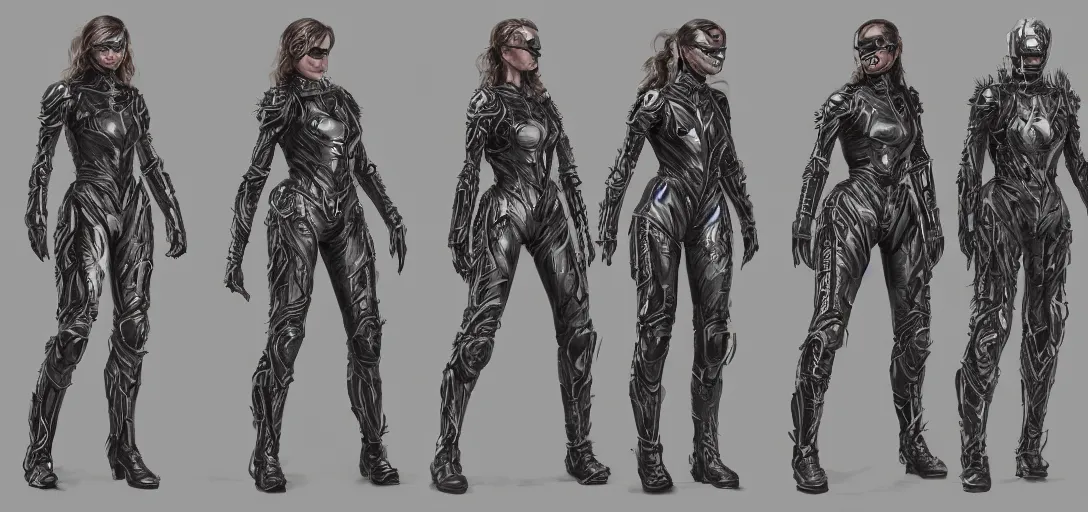 Image similar to character sheet concept art of summer glau as a superhero, ferrofluid armor, realistic, hyperrealistic, photographic, costume, wlop, dan mumford, greg rutkowski, high detail, octane render, alexander mcqueen, james gurney, photo, 8 k, intricate