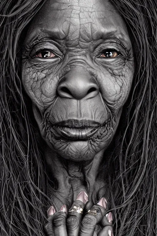 Prompt: very old wrinkled black woman crone with long scraggly hair wearing rags, character portrait, concept art, intricate details, highly detailed photorealistic portrait in the style of adam hughes, seseon yoon, artgerm and warren louw