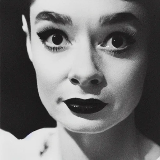 Image similar to photo of Audrey Hepburn by Diane Arbus, extreme closeup, black and white, high contrast, Rolleiflex, 55mm f/4 lens